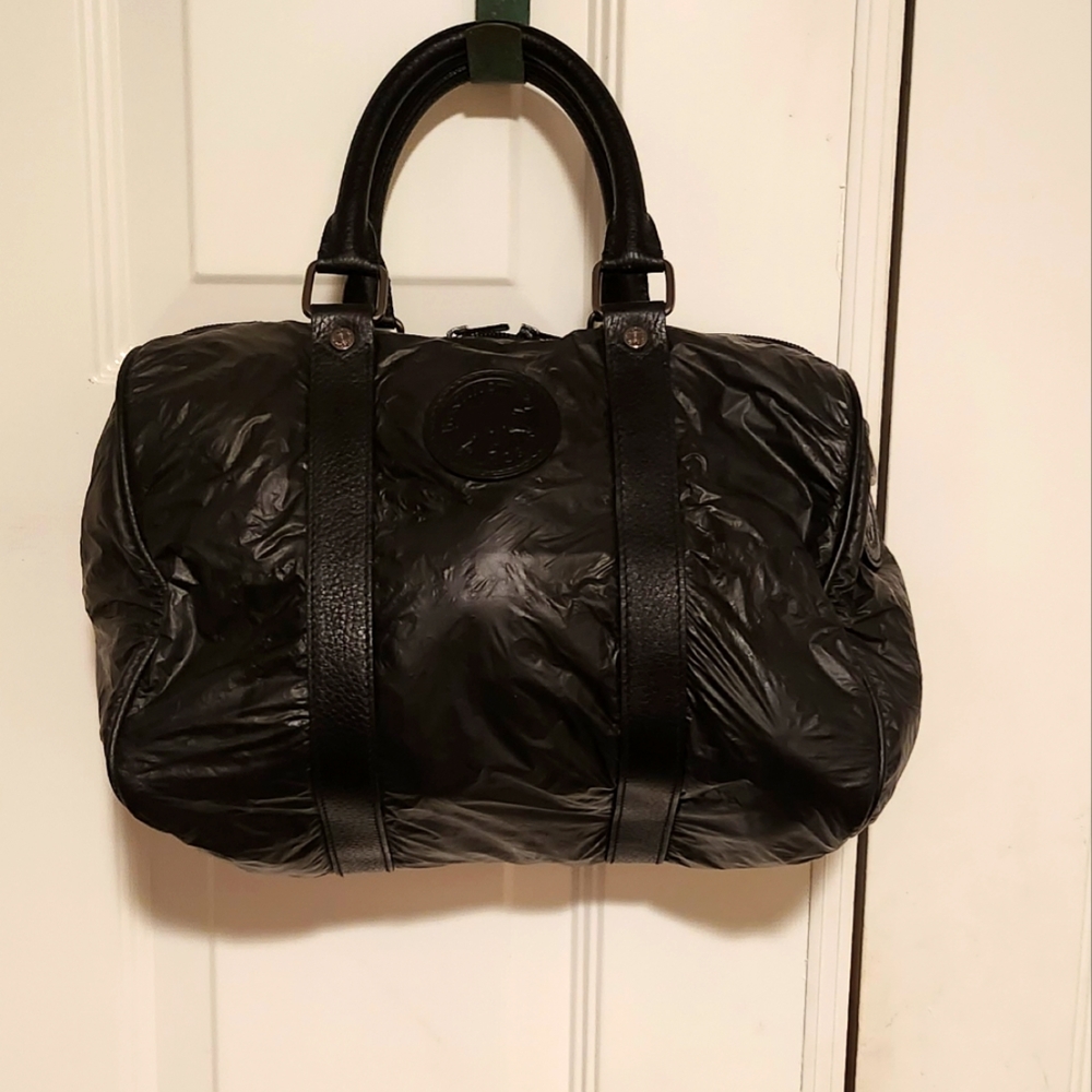 Hunting World Small Duffle/ Boston Bag Nylon w/ Leather Trim Black 12"X 10" X 7"